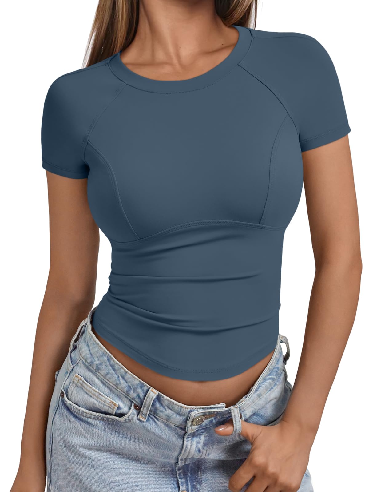 Dark blue tight short-sleeved skin-friendly top (2)