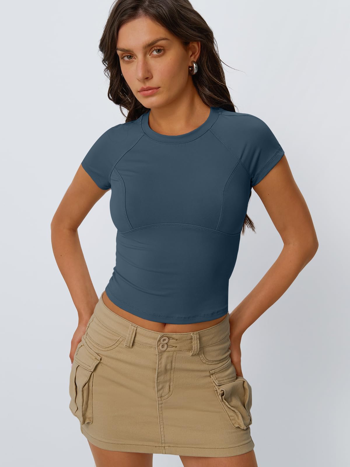 Dark blue tight short-sleeved skin-friendly top (3)