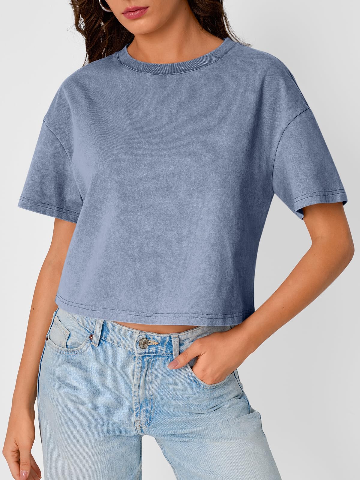 Light blue short loose short sleeve T-shirt (1)