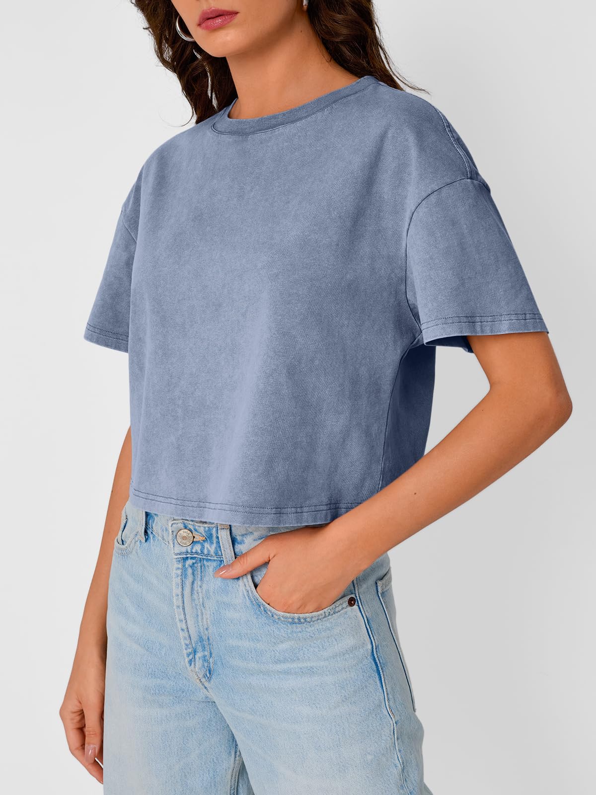 Light blue short loose short sleeve T-shirt (2)