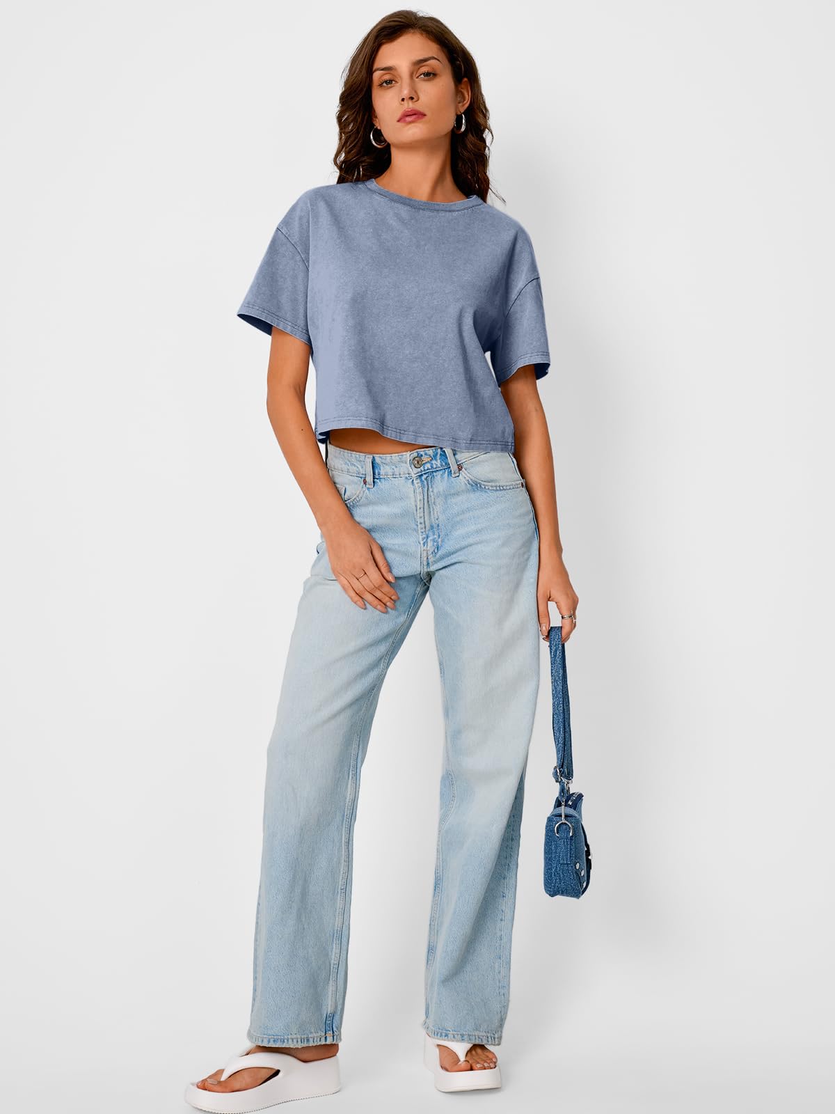 Light blue short loose short sleeve T-shirt (4)