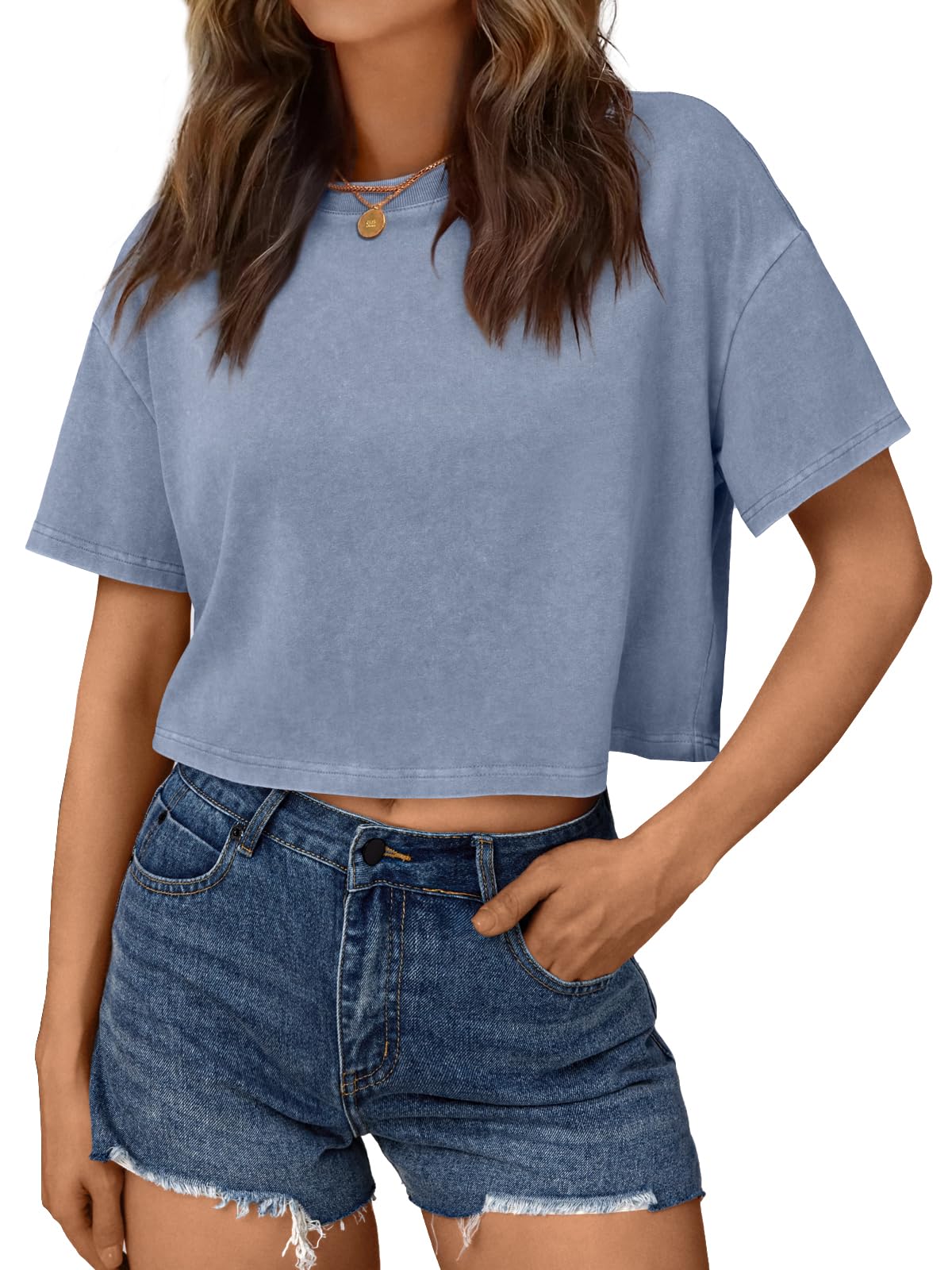 Light blue short loose short sleeve T-shirt (5)